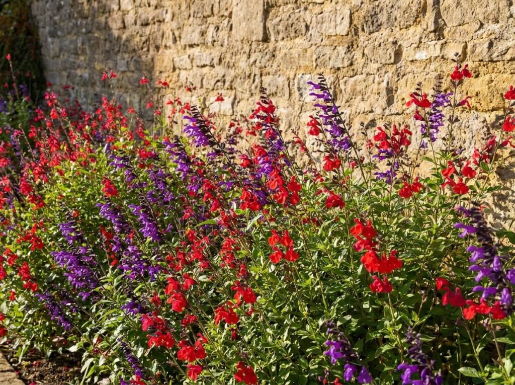 Bordure étroite de sauges arbustives en fleurs rouges et violettes au pied d'un mur ensoleillé