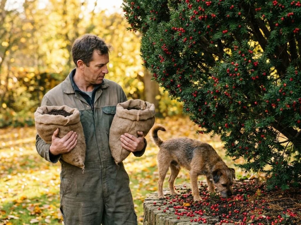Chien reniflant des baies rouges tombées au pied d'un if dans un jardin d'automne