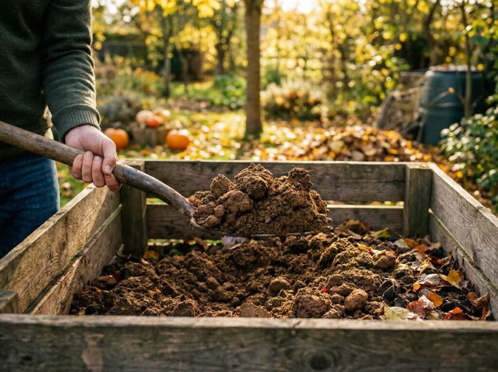 Jardinier retournant un compost brun et grumeleux à la fourche dans un composteur en bois, lumière dorée d'automne