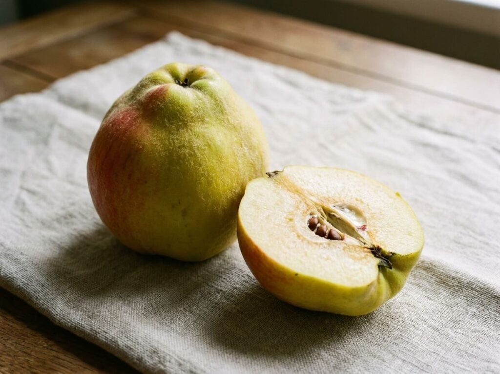 Coings duveteux posés sur un torchon, un fruit coupé en deux prêt pour la gelée