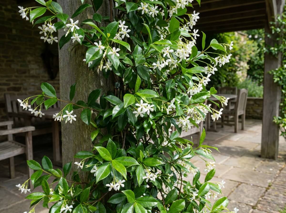 Tiges volubiles de jasmin étoilé palissées sur un montant de pergola en bois, feuillage brillant