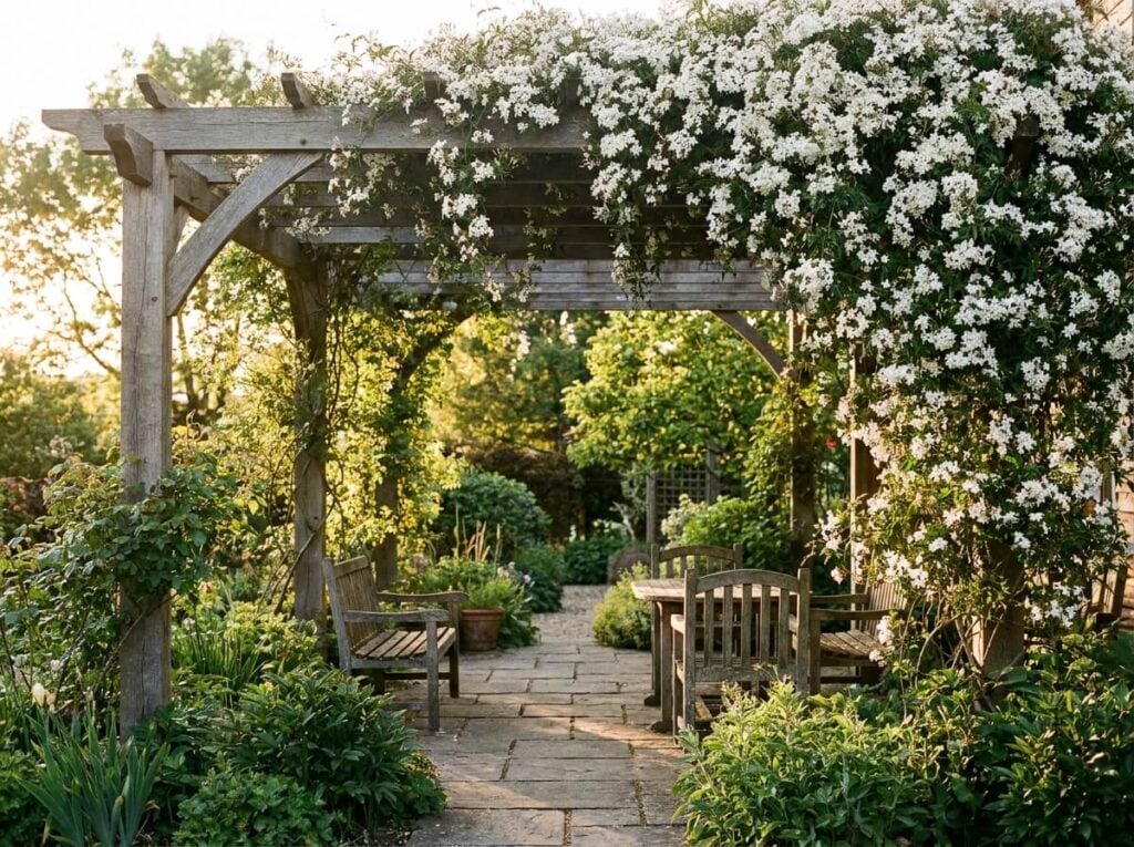 Pergola de terrasse couverte de jasmin officinal en fleurs blanches, lumière dorée de fin d'après-midi