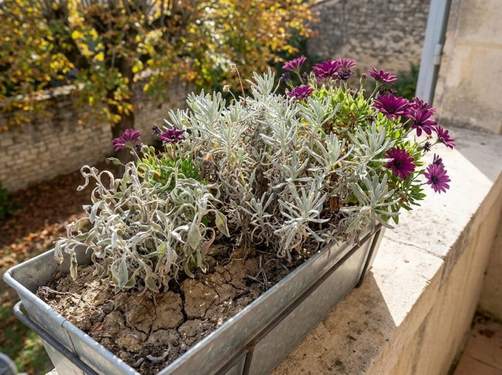 Jardinière d'automne fleurie sur balcon