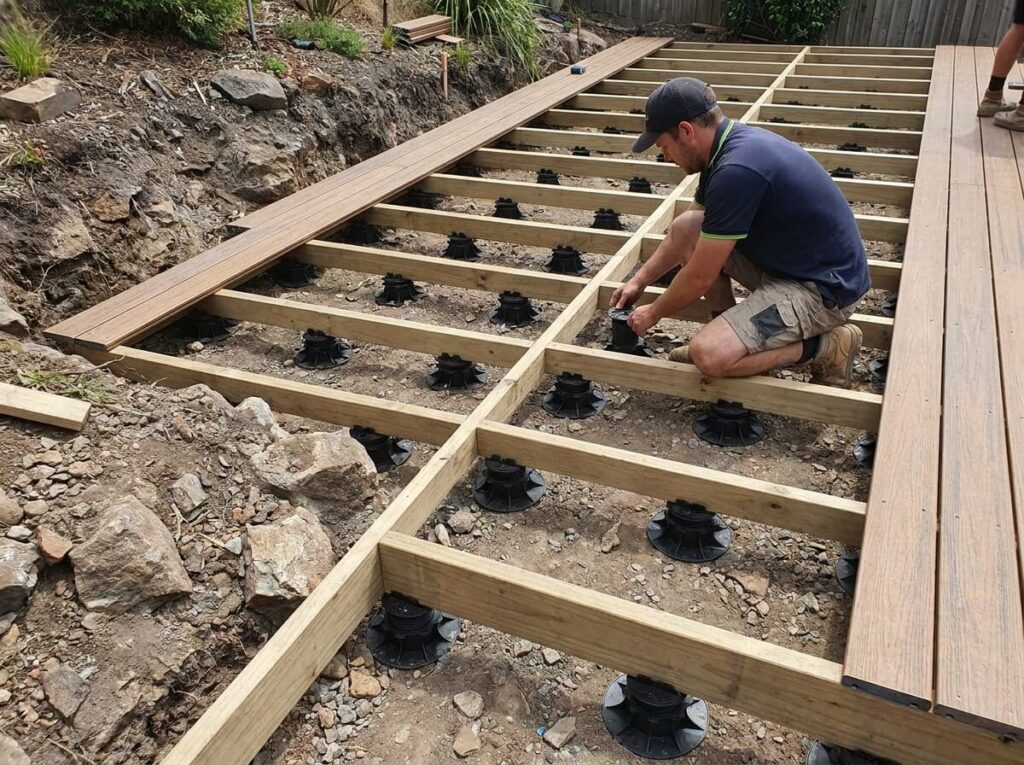Plots réglables sous une terrasse bois