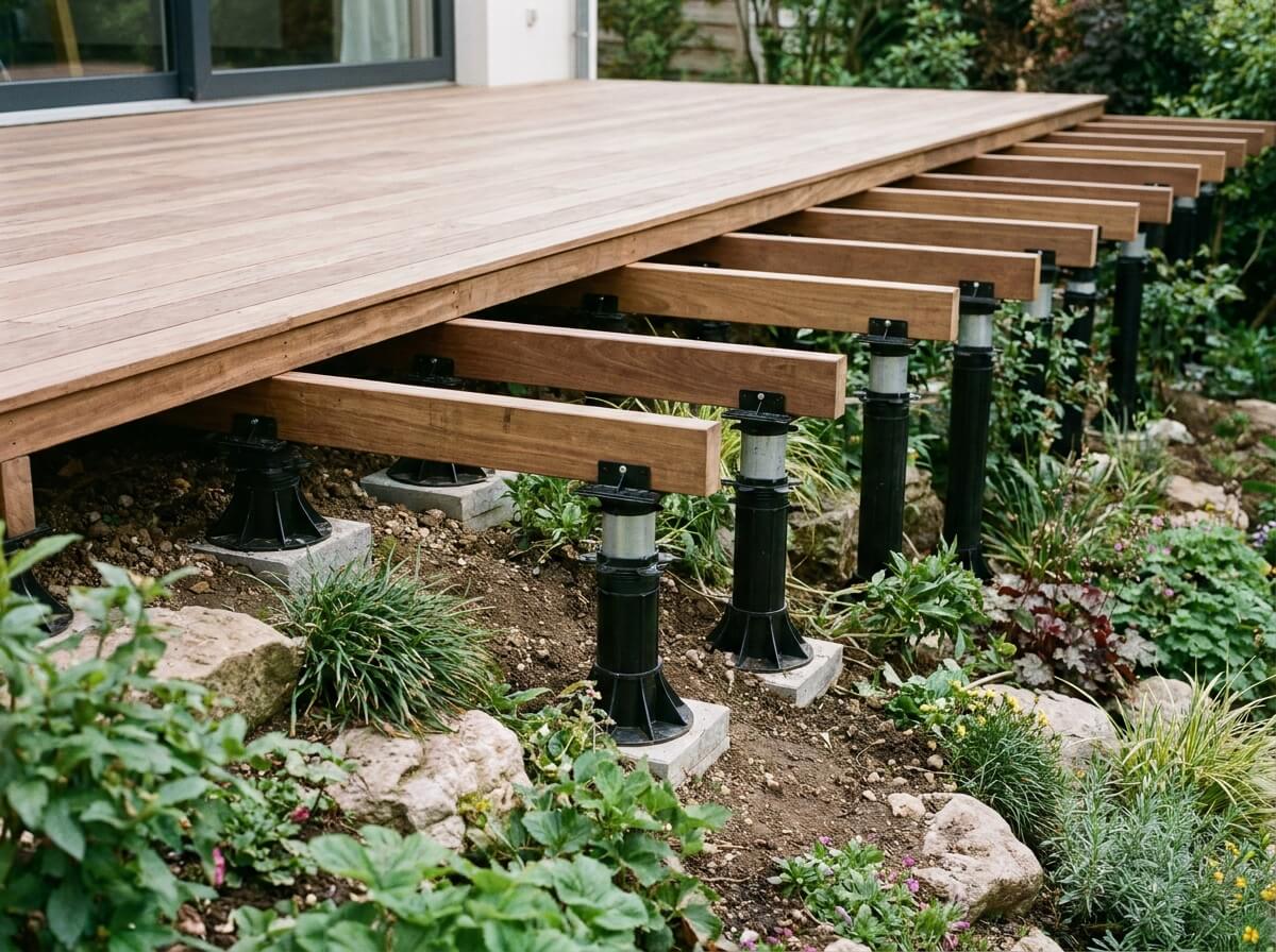 Terrasse en bois sur plots réglables rattrapant une dénivellation dans un jardin