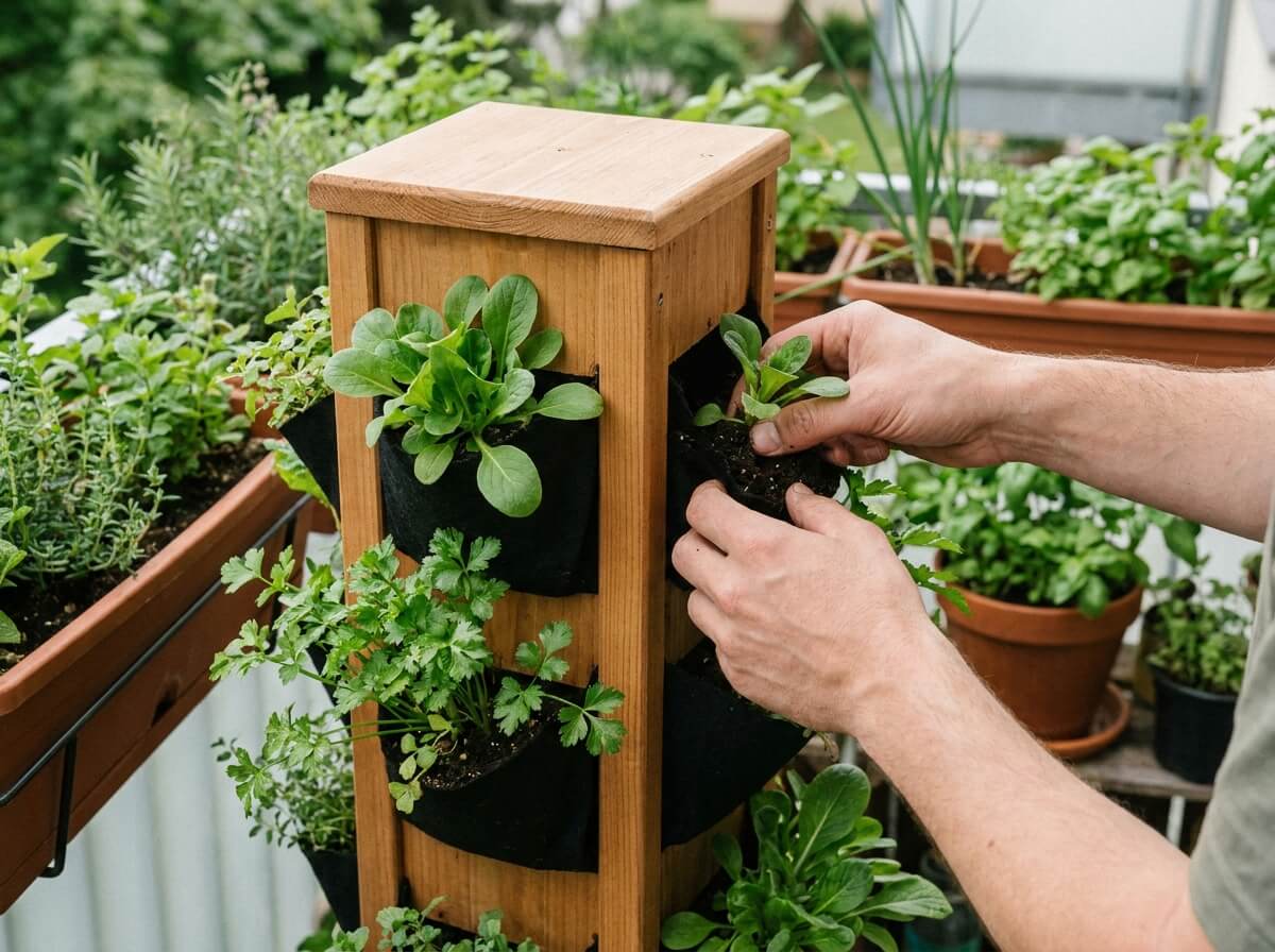 Mains garnissant les poches d'une tour de plantation avec du terreau et de jeunes salades