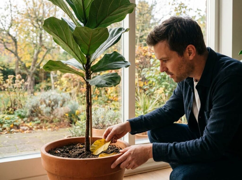 Feuille jaunie au pied d'un Ficus lyrata