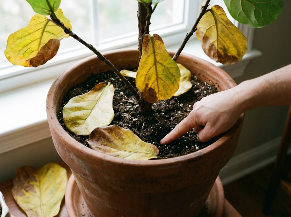Doigt vérifiant l'humidité du terreau d'un Ficus lyrata dans un grand pot en terre cuite
