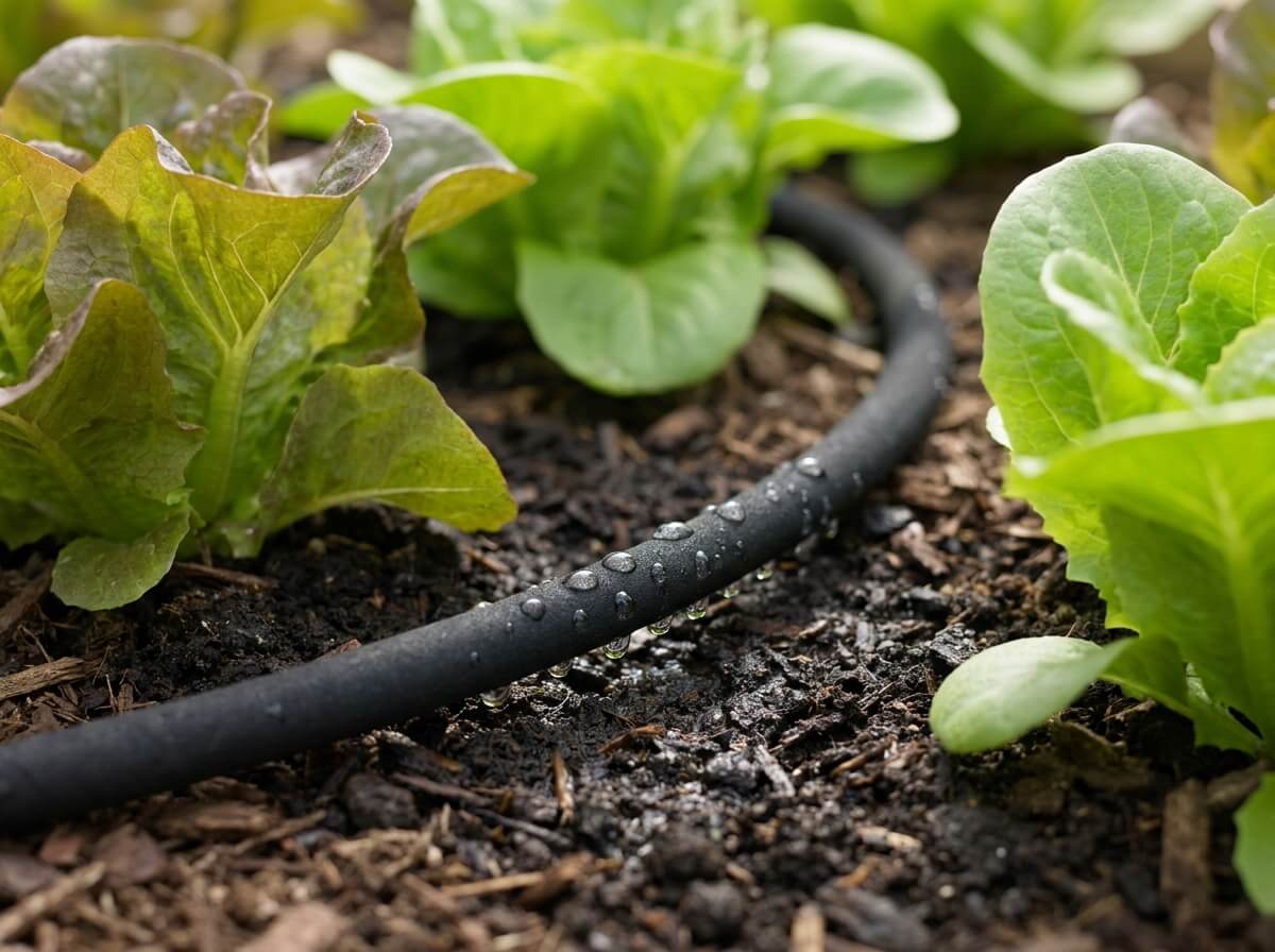 Gros plan sur un tuyau poreux perlant d'eau au pied de plants de salades