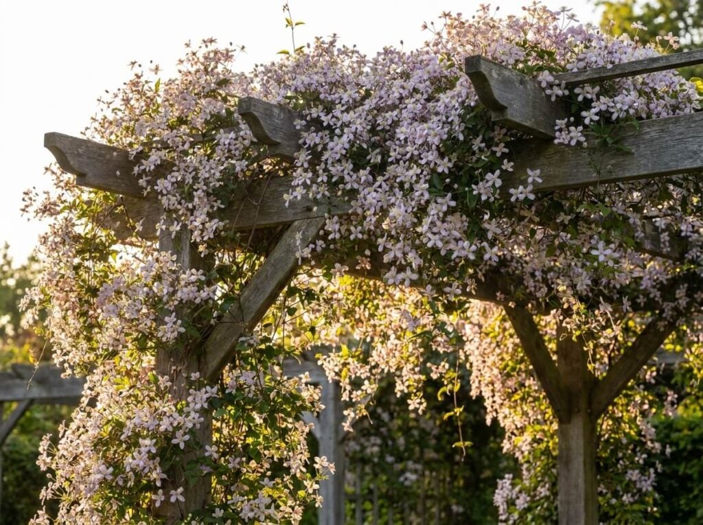 Clématite violette en fleurs sur une pergola