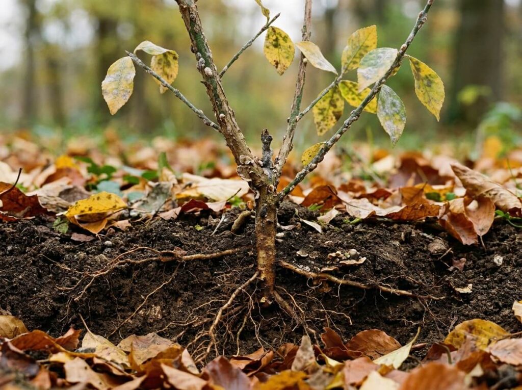 Fusain dégarni, feuilles tombées au sol