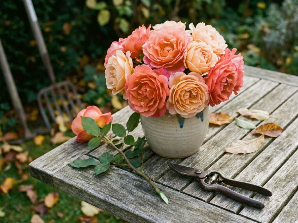 Bouquet de roses d'automne en vase