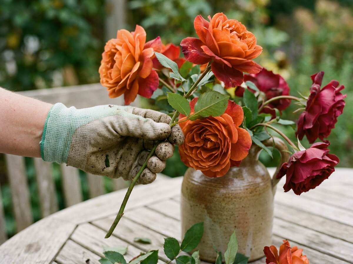 Main retirant les feuilles du bas d'une tige de rose avant la mise en vase