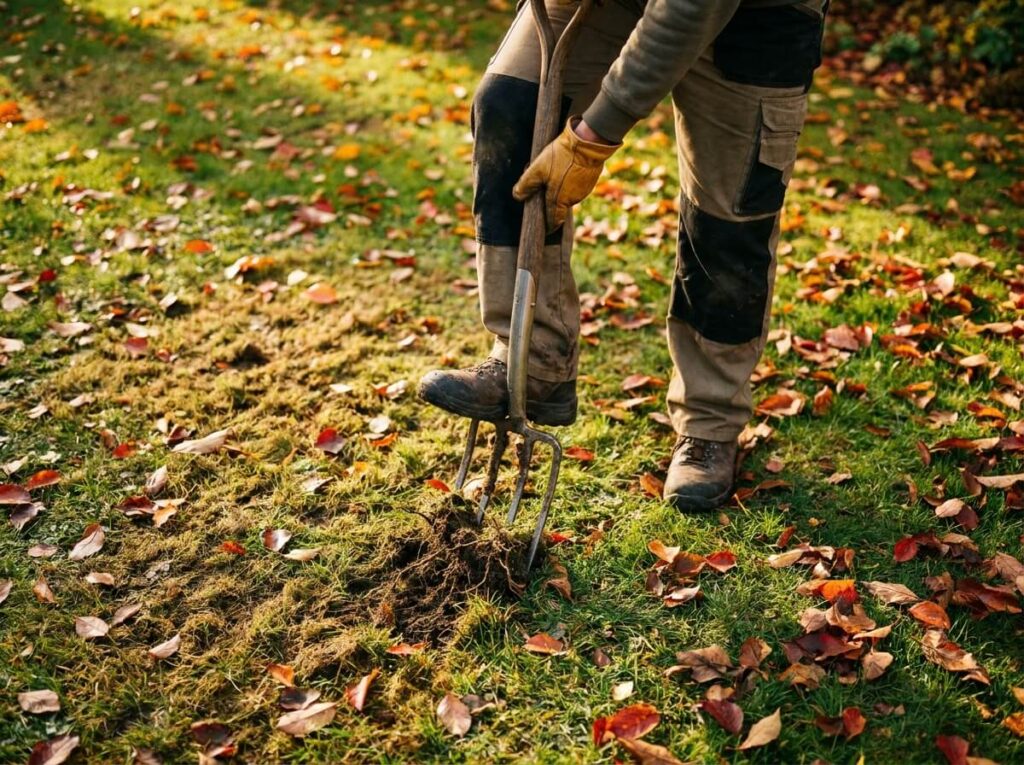 Fourche plantée dans une pelouse