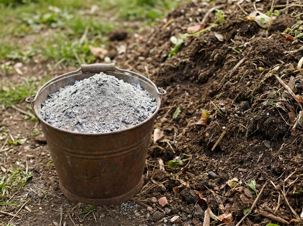 Cendres de bois tamisées dans un seau au pied d'un tas de compost