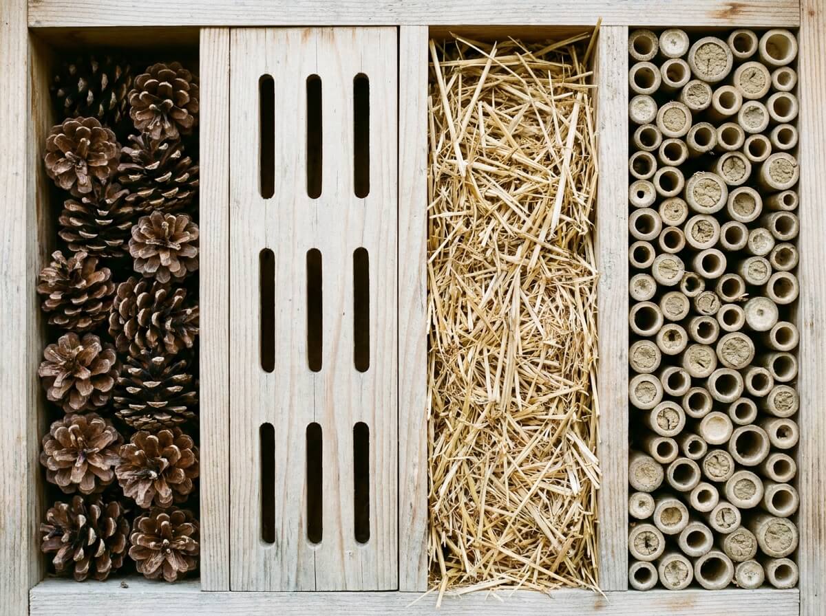 Casiers d'un hôtel à insectes : pommes de pin, fentes à papillons vides, paille et tiges de bambou operculées