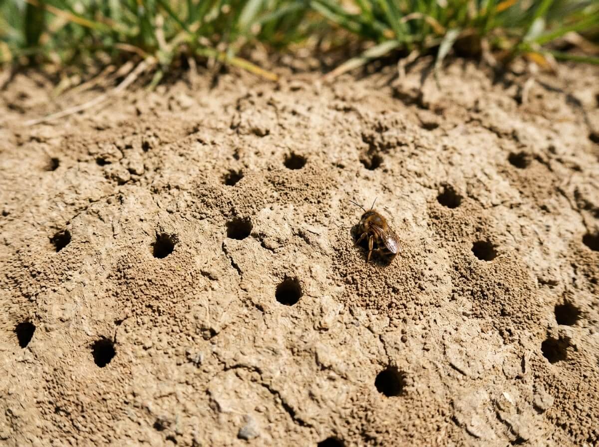 Talus de terre nue criblé de galeries d'abeilles solitaires terricoles