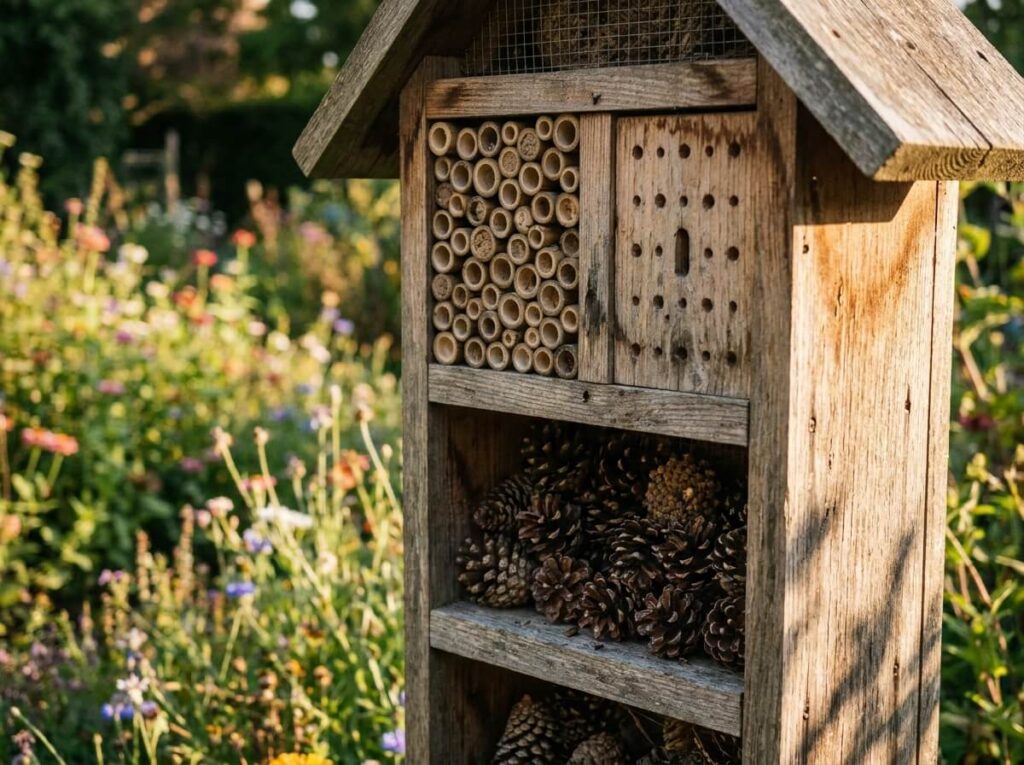 Hotel a insectes en bois dans un jardin fleuri, tiges de bambou et pommes de pin