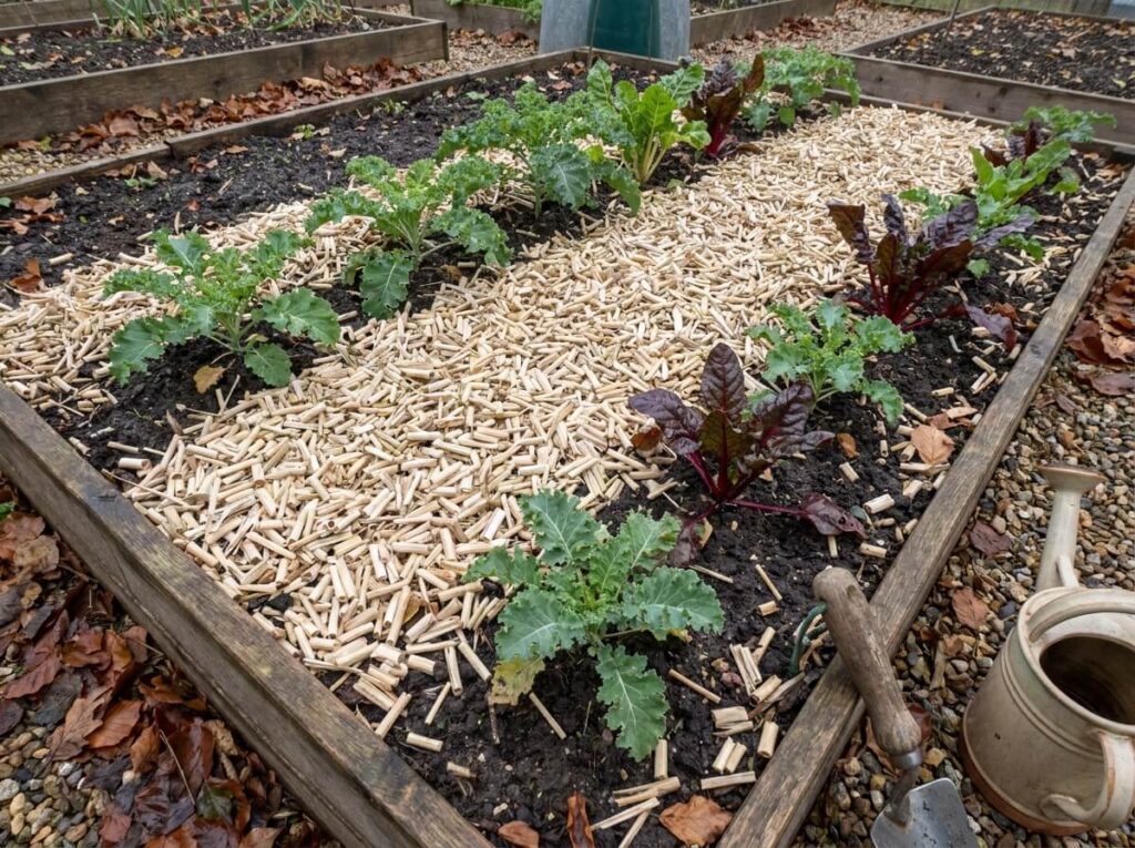 Planche de potager couverte d'une épaisse couche de miscanthus broyé beige autour de jeunes plants