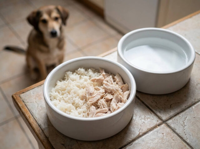 Gamelle de riz blanc et de blanc de poulet bouilli, la ration fade à donner après un épisode digestif