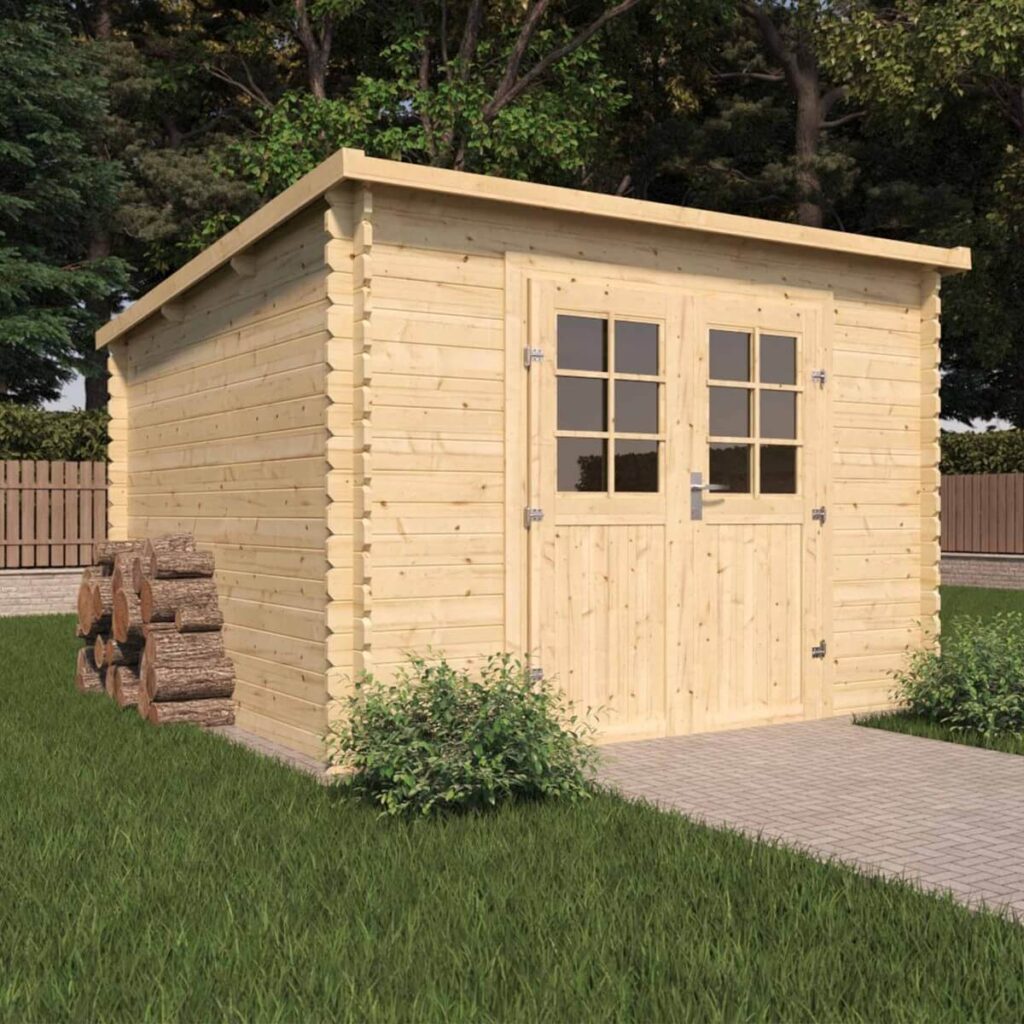 Abri de jardin en bois brut à toit plat, double porte vitrée, dans un jardin