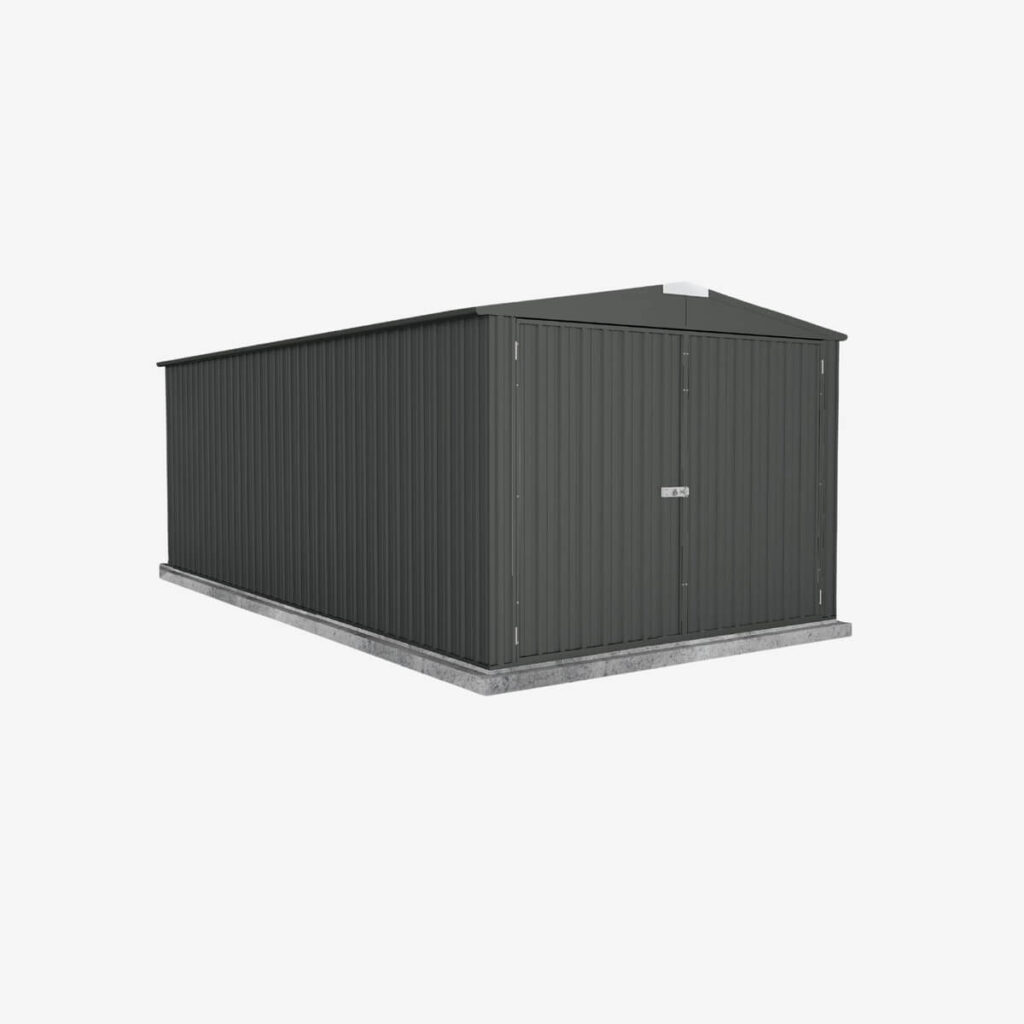 Garage en tôle gris anthracite, portes doubles, sur dalle béton, fond blanc