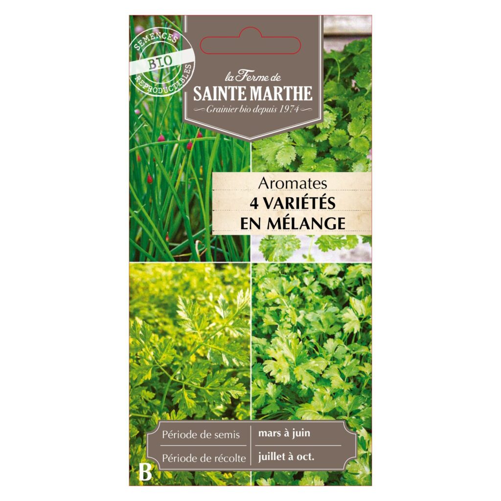AROMATES en mélange Ciboulette Commune, Persil Plat Commun, Coriandre, Cerfeuil commun - 500 graines bio — sachet recto