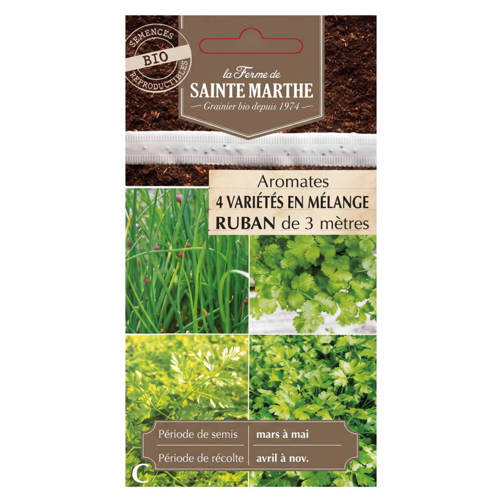 Aromates en mélange Ciboulette, Persil Plat, Coriandre, Cerfeuil – Ruban de 150 graines bio