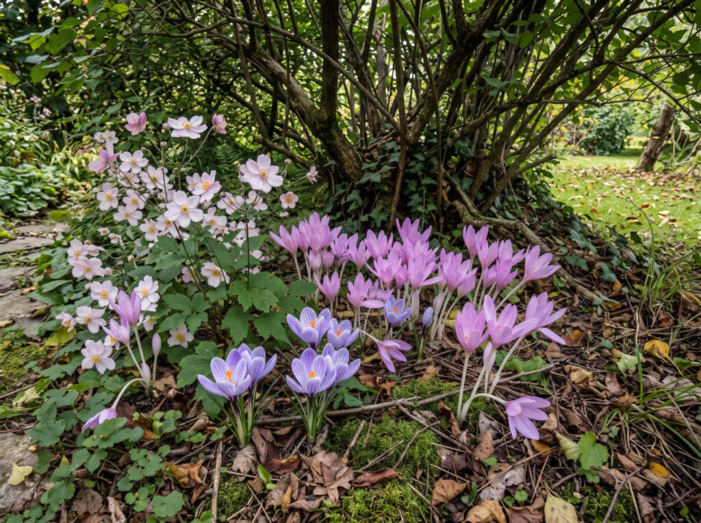colchique, crocus et anémone ombre arbuste