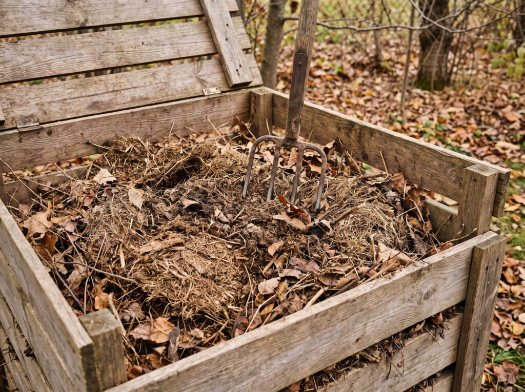Fourche plantée dans un composteur en bois à l'automne