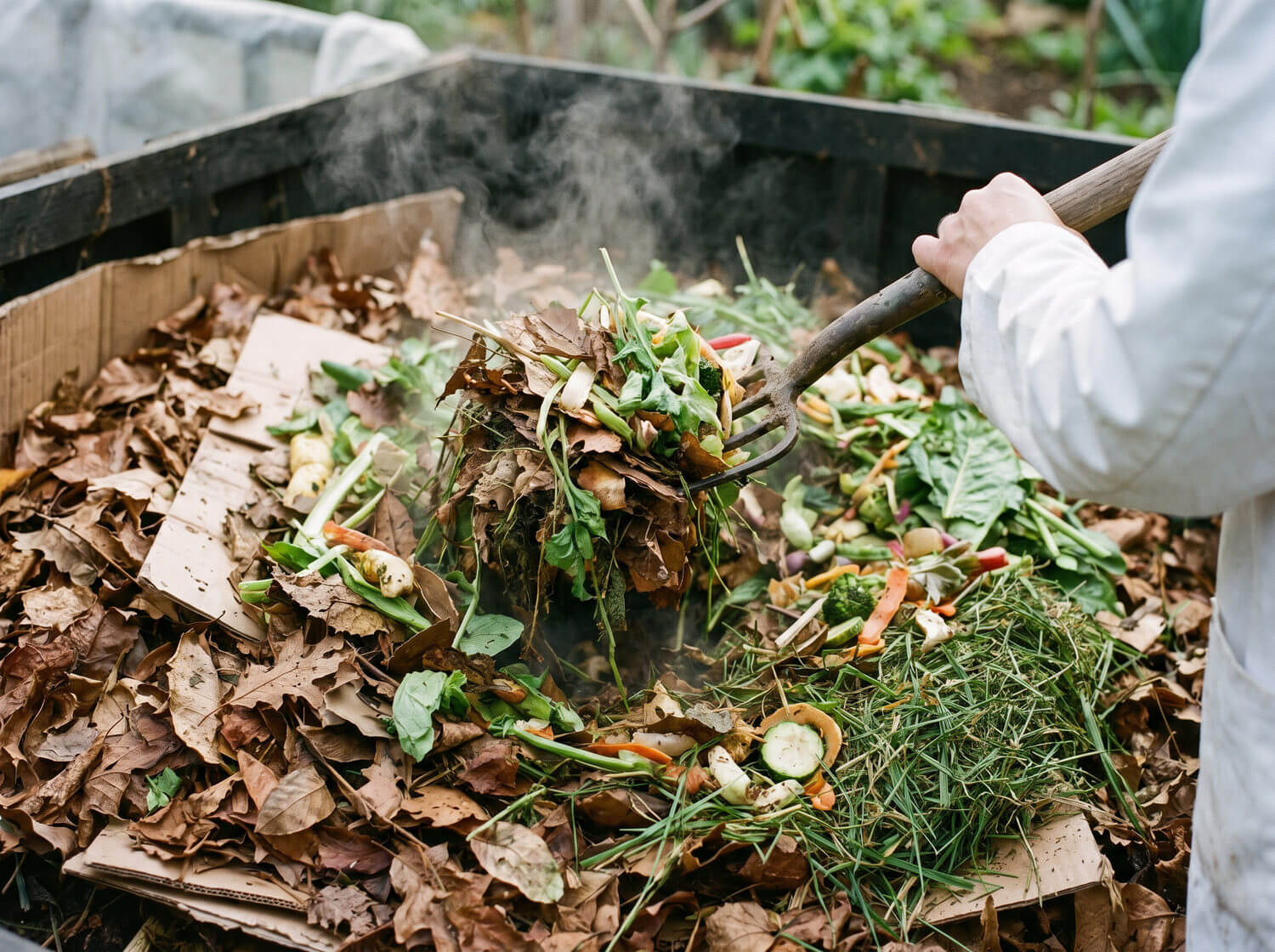 Compost retourné à la fourche dans un composteur