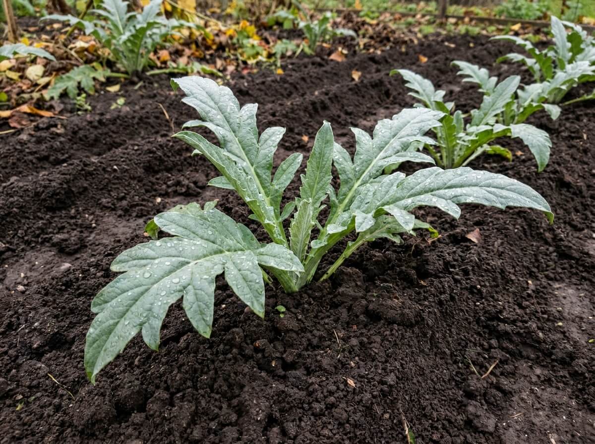 Jeune œilleton d'artichaut replanté en ligne dans une terre fraîchement travaillée