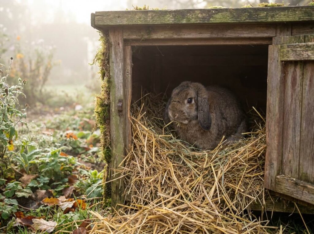 Lapin nain dans un clapier paillé