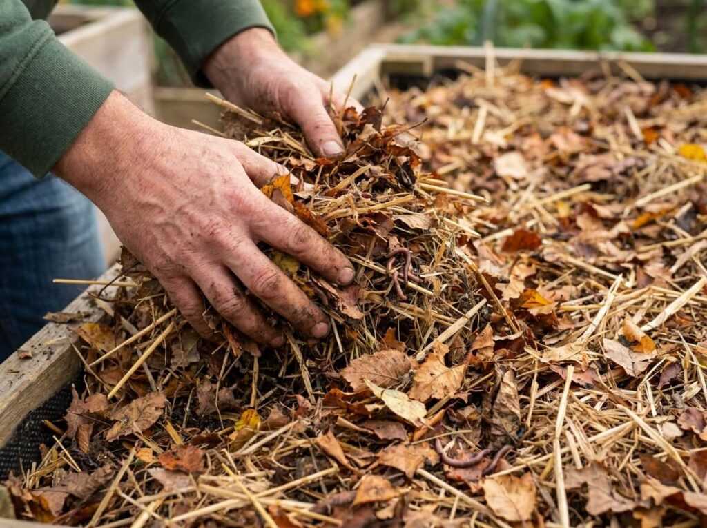 Paillis épais étalé sur une planche de potager