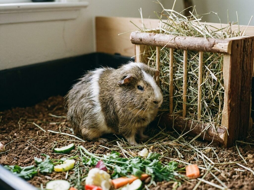 Cochon d'Inde au poil ébouriffé près d'une mangeoire de foin