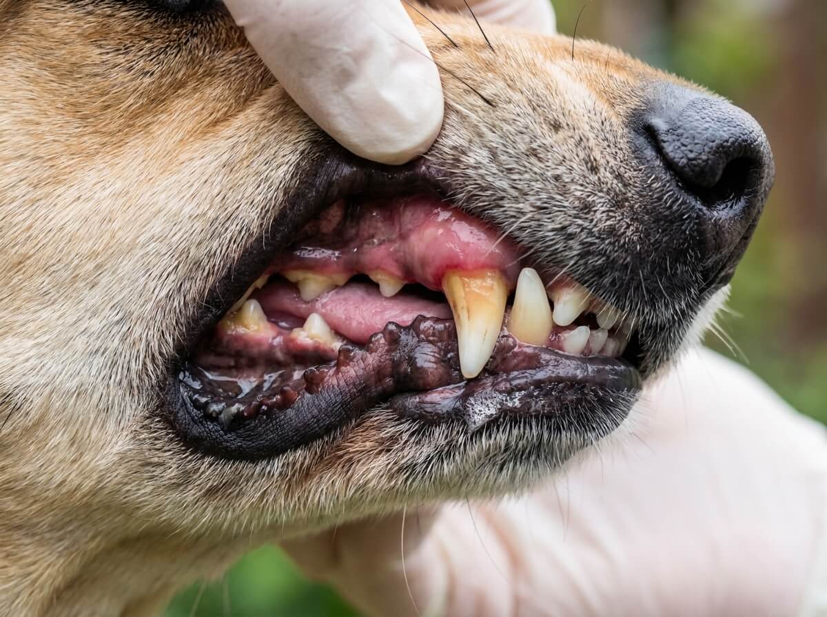 Gros plan sur la gencive et la canine d'un chien adulte lors d'un contrôle dentaire à la maison