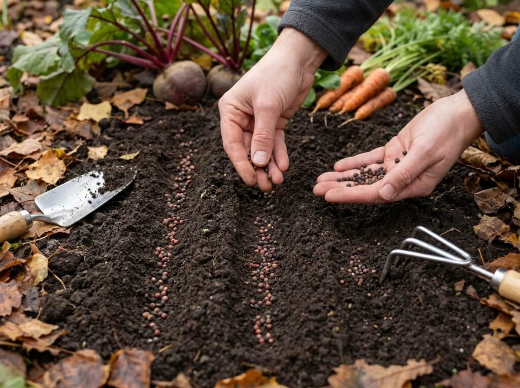 Semis en ligne dans un potager d'automne