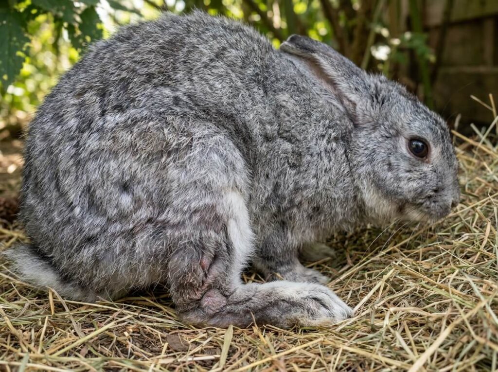 Lapin nain au repos sur du foin