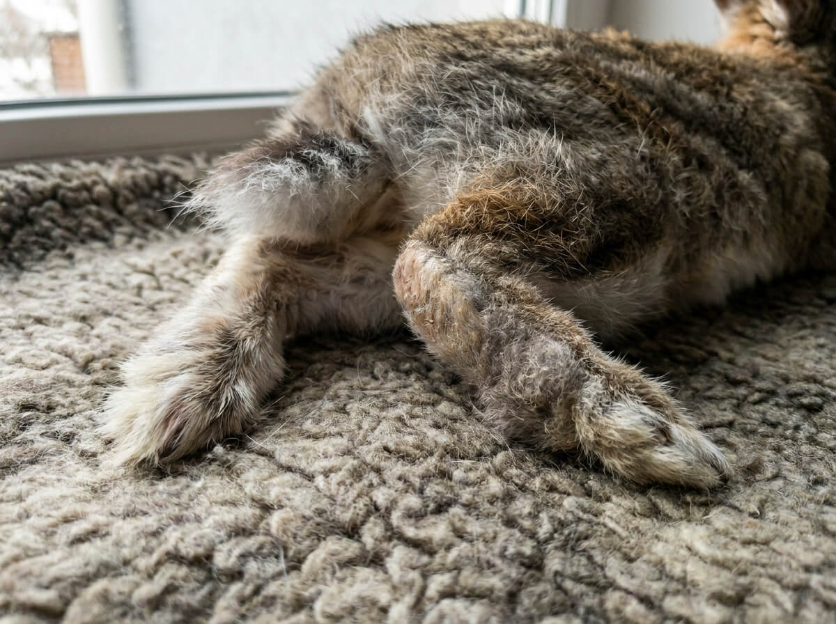 Gros plan sur les pattes arrière d'un lapin nain au repos sur une couverture épaisse