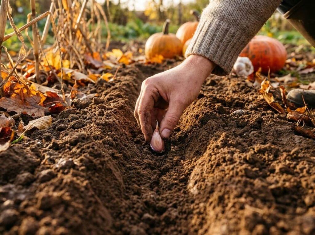 Caïeu d'ail planté dans un sillon