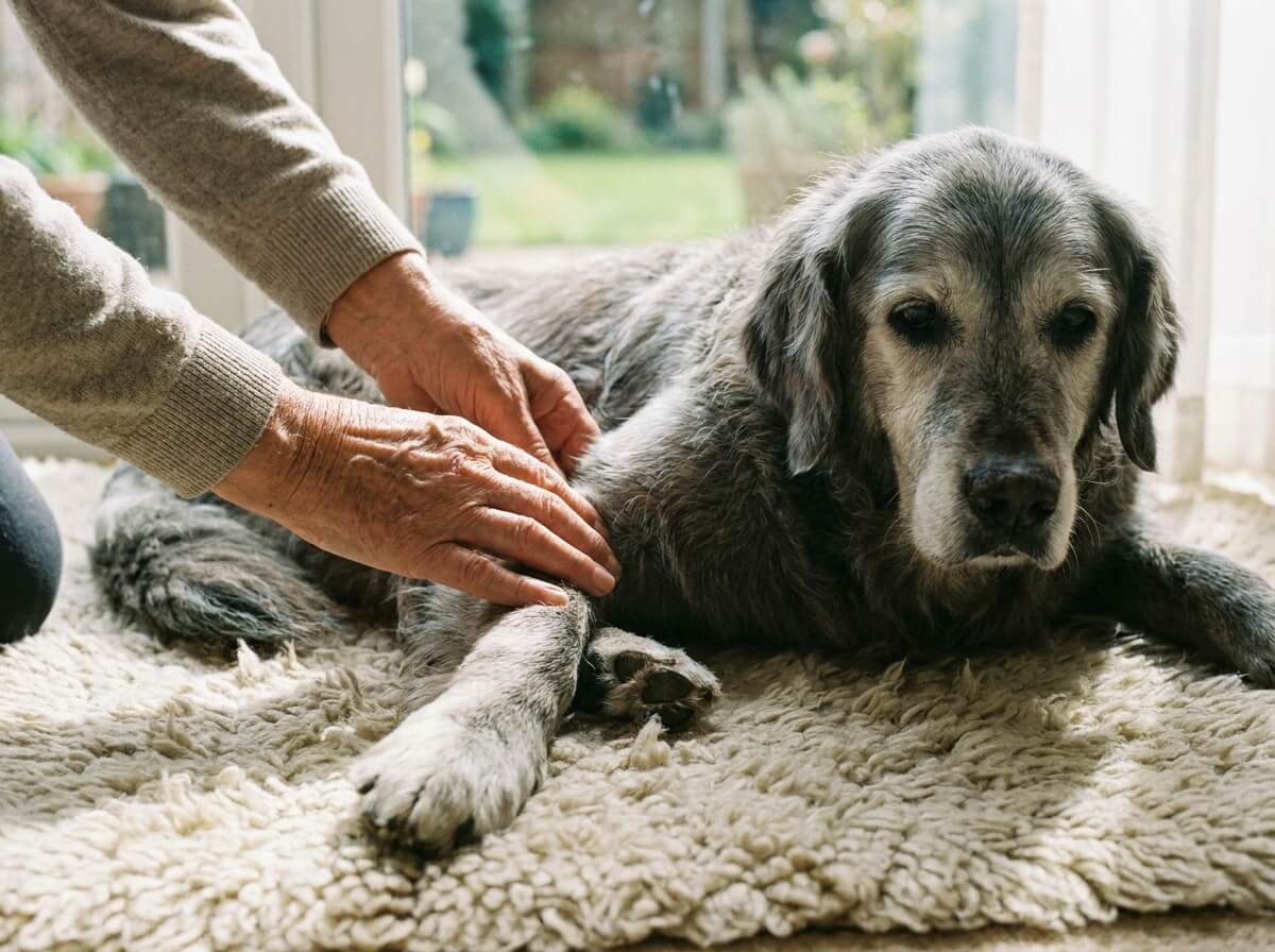 Mains d'une personne palpant doucement le genou d'un chien allongé sur un tapis épais