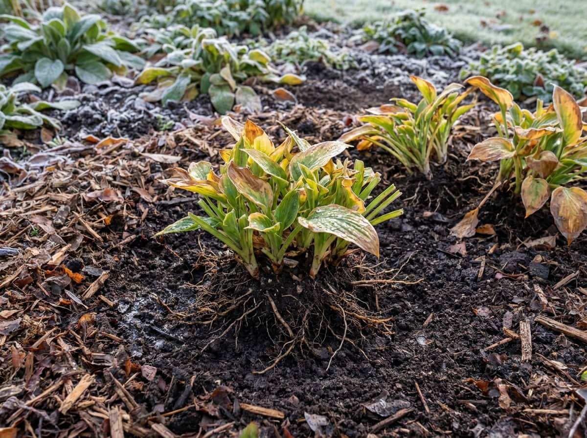 Éclat de vivace replanté et arrosé, avec un paillage de feuilles broyées autour du collet