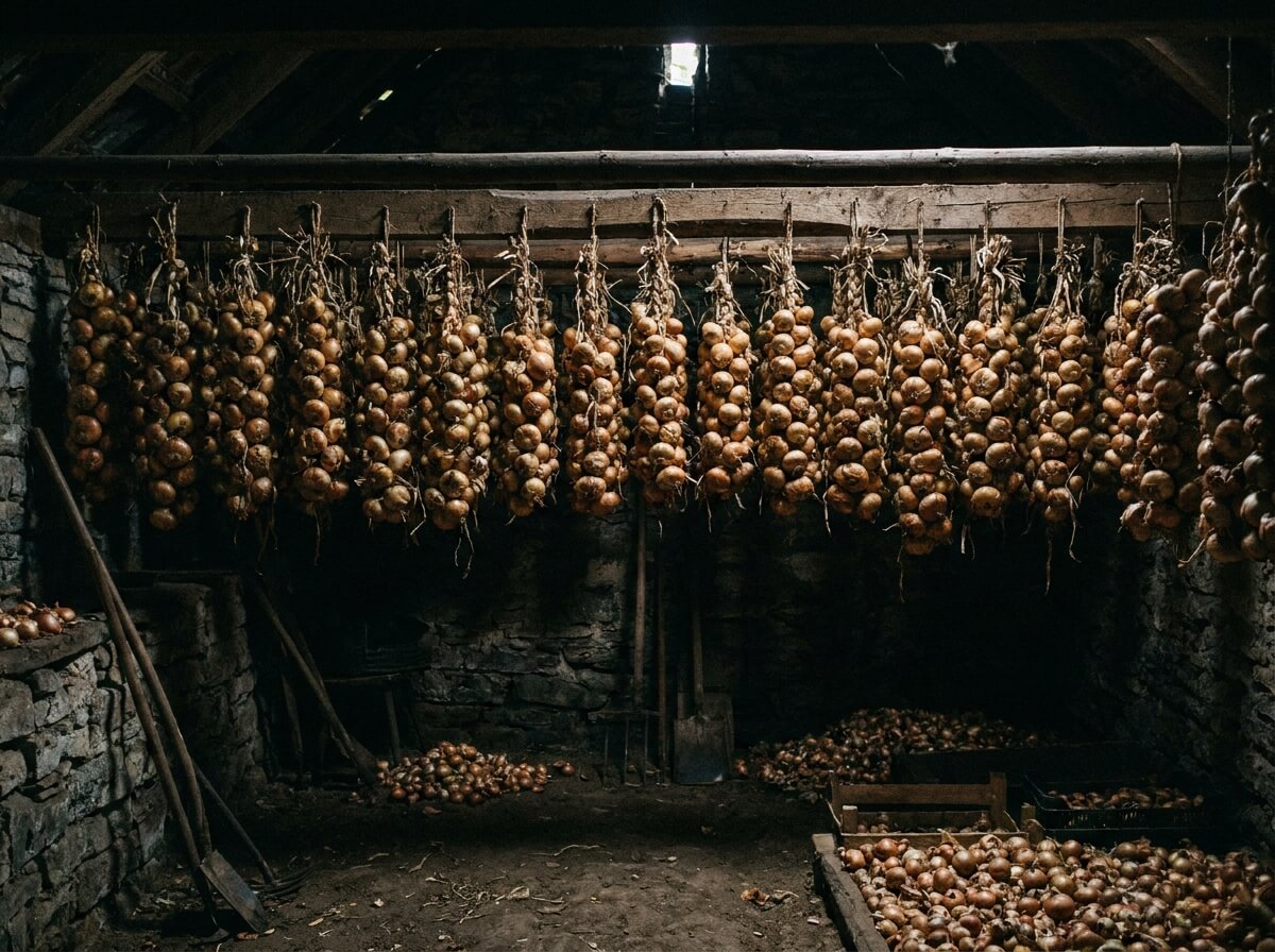 Oignons tressés suspendus dans un cellier frais et sombre pour la conservation hivernale