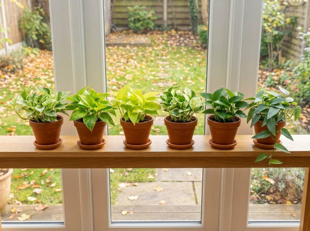 Six pothos alignés devant une fenêtre