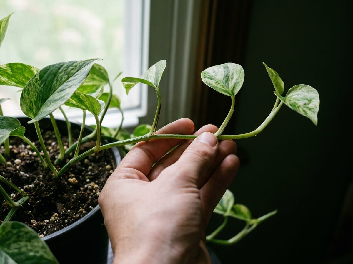 Main mesurant l'écart entre deux nœuds d'une liane de pothos panaché qui s'allonge en pénombre