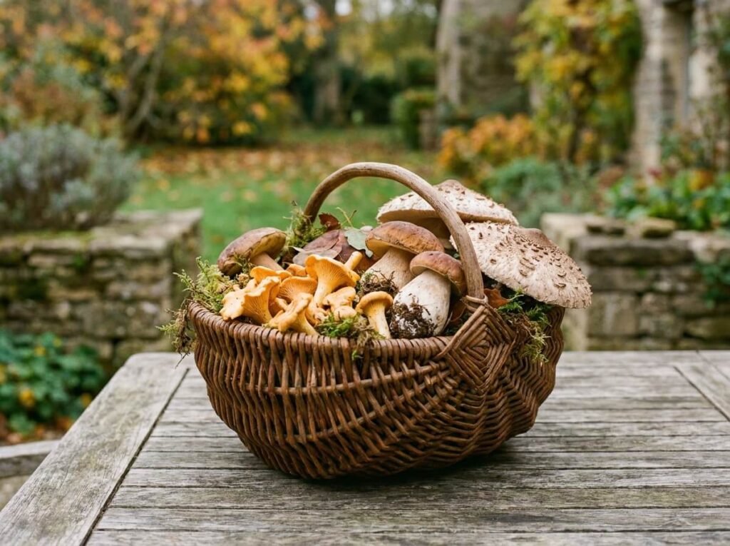 Panier de champignons frais sur bois