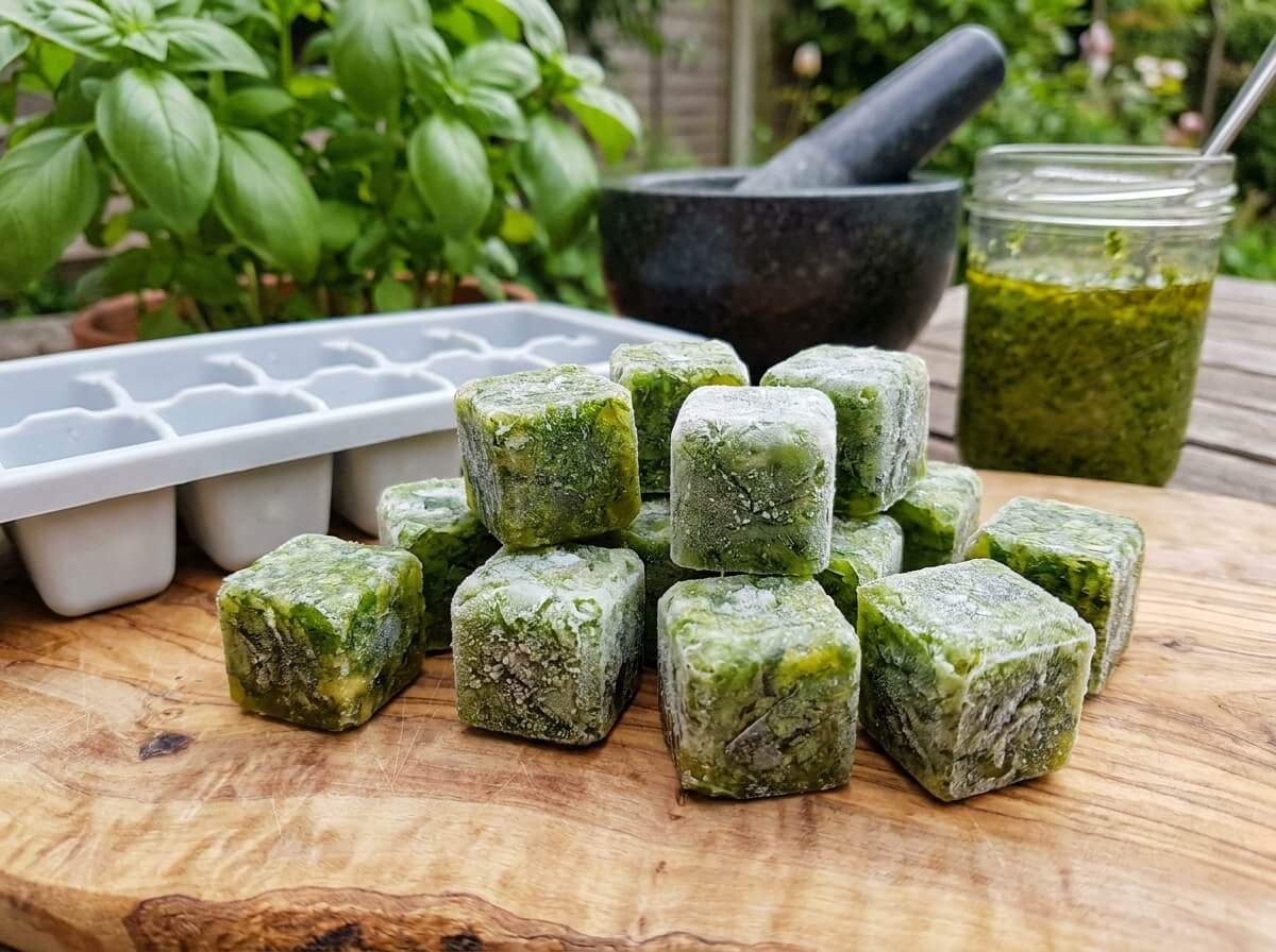Cubes de basilic haché et d'huile d'olive congelés pour conserver la récolte d'automne