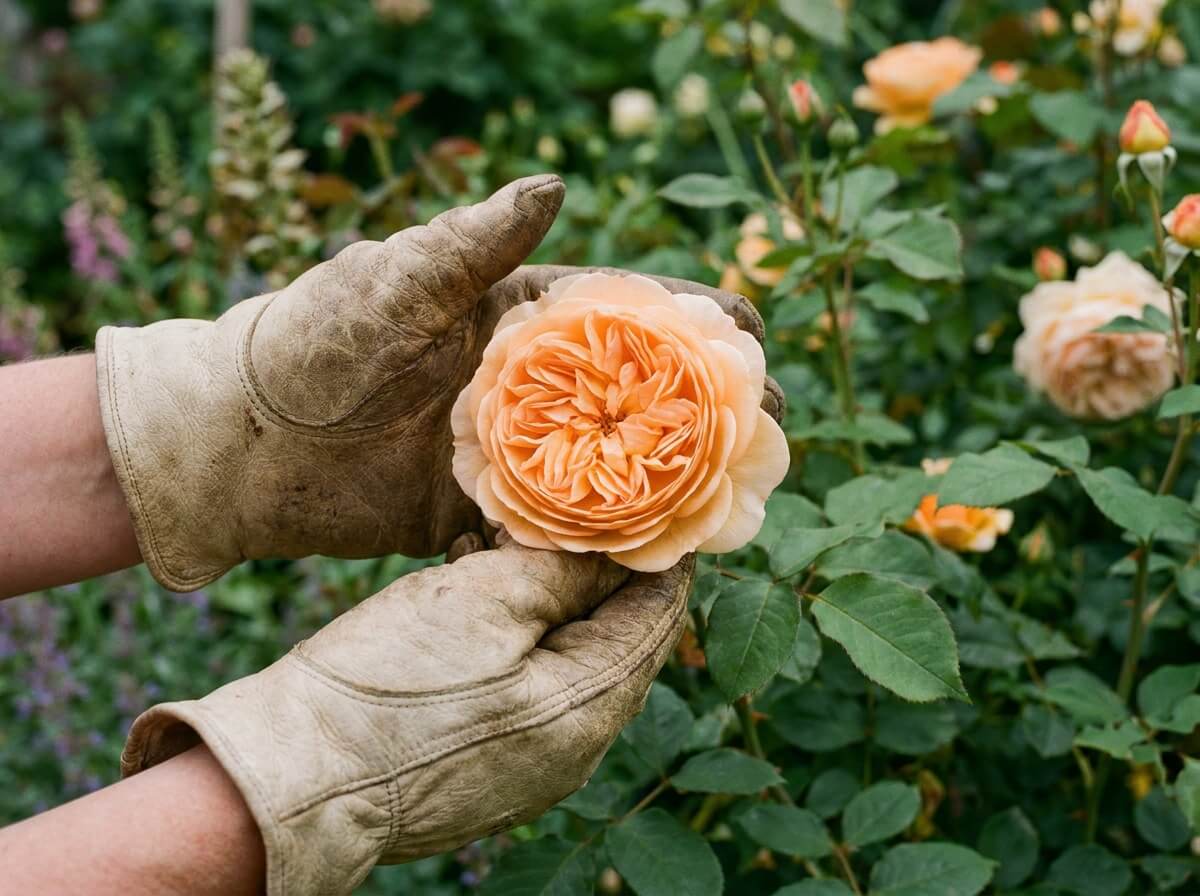 Mains gantées approchant une rose anglaise abricot pour en respirer le parfum au jardin