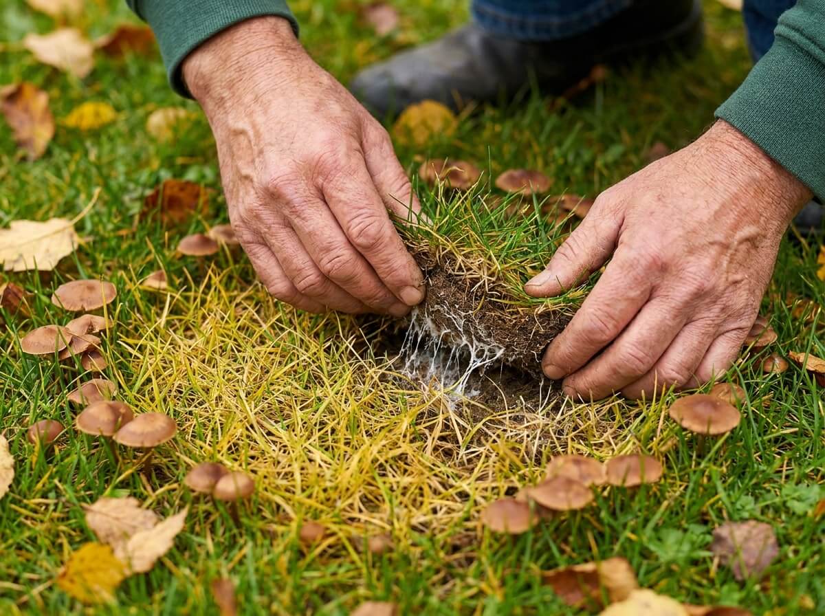 Anneau d'herbe brunie et champignons formant un rond de sorcière dans le gazon
