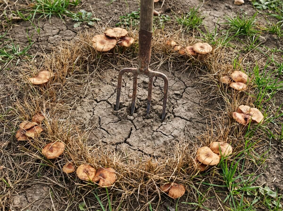 Fourche-bêche enfoncée dans la terre sèche au cœur d'un rond de sorcière